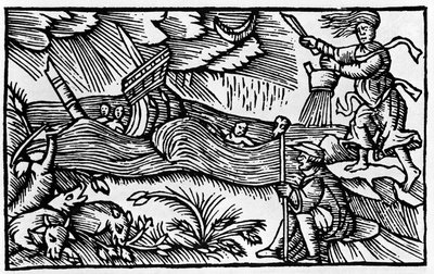 Noita aiheuttaa myrskyn Olaus Magnuksen "Historia de gentis nortentrionalibu" jälkeen, Rooma 1555 tekijältä Unknown artist