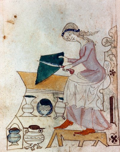 Nuori nainen teroittamassa veistä. Miniatyyri otettu provencelaisesta käsikirjoituksesta, jonka tyyppi on "" Dis des philosophes"" (MS Palat. 586) 1300-luvun Biblioteca Nazionale Florence tekijältä Unknown artist
