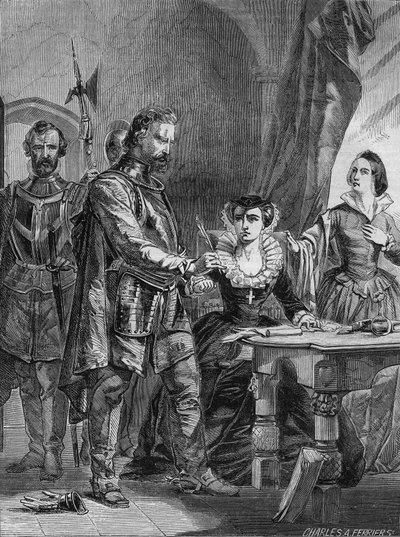 Skotlannin ja Ranskan kuningattaren (1559-1560) Maria I Stuartin (1542-1587) luopuminen kruunusta. Kaiverrus vuodelta 1861. tekijältä Unknown artist