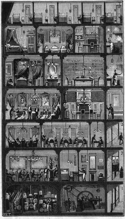 Majoitus Pariisissa - Haussmann-rakennuksen poikkileikkaus Pariisissa 1885. Yläkerrassa hyvät huoneet ja muissa kerroksissa toimistot, asunnot ja vastaanottotila (kokous). Kaiverrus "" La Nature -kirjaan. Katsaus tieteisiin ja niiden sovelluksiin tekijältä Unknown artist