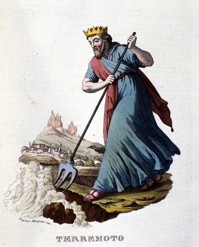 Kreikkalaisen mytologian mukaan maanjäristysten aiheuttaa Neptunus, joka ravistelee maata kolmijalla. Kaiverrus 1800-luvulta. tekijältä Unknown artist