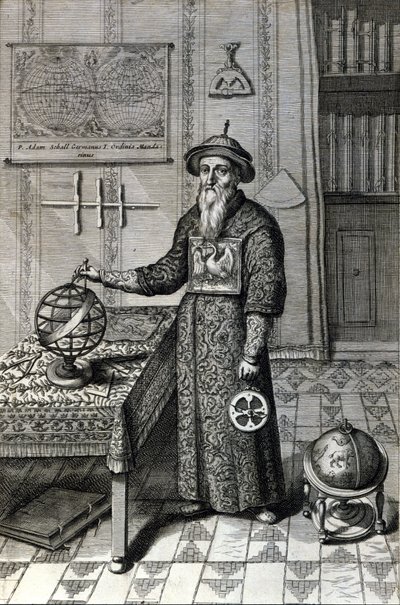 Adam Schall, tähtitieteilijä (1592-1666) mandariiniasussa Pekinin observatoriossa, Athanase Kircherin (tai Athanasius Kircherin) "Kiinassa" tekijältä Unknown artist
