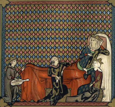 Adenet le Roi (noin 1240-noin 1300), runoilija ja menestrel, lausuu Cleomadesin romaanin ennen Mathilde de Brabantia (1224-1288) ja Kastilian prinsessa Blanchea (Saint Louisin tytär). Faksimile 1800-luvun kromolitografiassa miniatyyrin jälkeen tekijältä Unknown artist