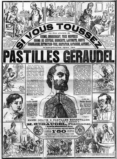 Apteekki Arthur Geraudel (1841-1906) a Sainte-Menehould (Sainte Menehould) mainoksia Geraudel-tableteille yskää vastaan. Kaiverrus "" Le monde illustrious"" tekijältä Unknown artist