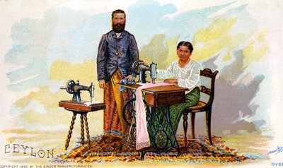 Ompelukoneiden mainonta Singer, Ceylon (nykyinen Sri Lanka). 1892 tekijältä Unknown artist