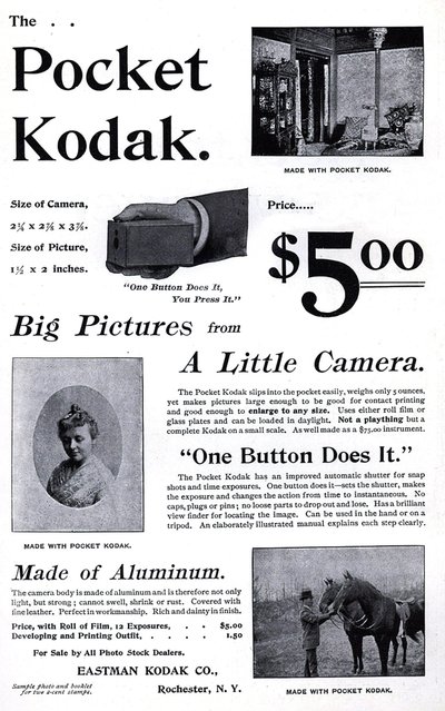 Kodak-taskukameran mainos. (Pocket Kodak) 1895. Private Coll. tekijältä Unknown artist