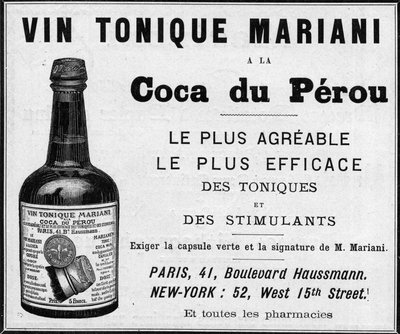 Mainos vuodelta 1889 "" Wine tonic Mariani a la coca du perou" (kokaiini) tekijältä Unknown artist