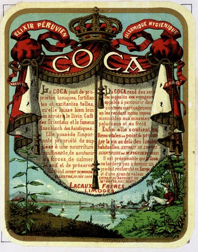 Cocan (kokaiinista uutetun tuotteen) mainonta: "" The Peruvian Balsamic Hygienic Exilir COCA"", 1800-luvun kromolitografia. tekijältä Unknown artist