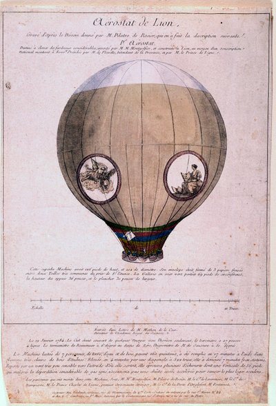 Aerostat de Lyon rakennettu Montgolfieren veljien (Joseph ja Etienne) mallista noin 1783. Kaiverrus 1800-luvulta. Paris, B.N. tekijältä Unknown artist