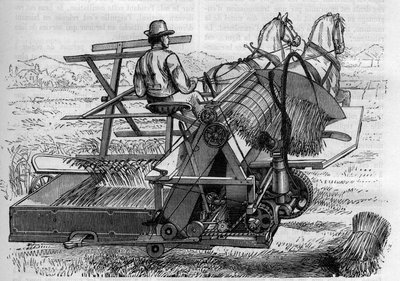 Maatalous ja maatalouskoneet: uusi hevosten vetämä harvesteri, joka sitoo automaattisesti pellojen lyhteitä. Kaiverrus "" La Nature"" tekijältä Unknown artist