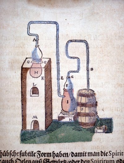 Alkemia: Tislauslaitteisto, otettu Pietro Andrea Mattiolin (Matthiole) (1500-1577) kirjasta. Frankfurt tekijältä Unknown artist