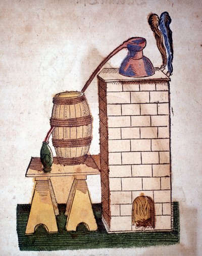 Alkemia: tislauslaitteet. Kaiverrus Pietro Andrea Mattiolin (Matthiole) (1500-1577) kirjasta. Frankfurt tekijältä Unknown artist