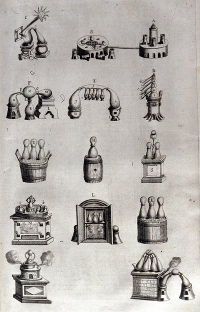 Alchemy: levy, joka edustaa erilaisia tislauslaitteiden malleja ja still-kuvia. Athanase Kircher (tai Athanasius Kircheri 1602-1680), saksalainen jesuiitti. 1700-luvun kaiverrus. tekijältä Unknown artist