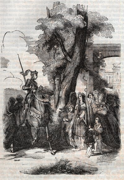 Alcina ja hänen hovinsa tulevat tervehtimään Ruggieroa - kaiverrus vuodelta 1851 Ludovico Arioston runosta Orlando furioso (1516), - Tressanin kreivin italiasta kääntämä painos ja kustantaja Gustave Harvard 1851 tekijältä Unknown artist