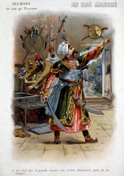 Ali - Baba (Ali Baba) ja 40 varkaa (tarinat tuhannesta ja yhdestä yöstä): Ryöstöpäällikkö näkee aarteensa paljastuneen vannoo kostoa - "Hyvän maaliskuun pahvi", 1800-luvun loppu tekijältä Unknown artist
