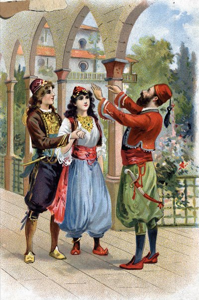 Ali Baba. (Ali-Baba) (Tales of the Thousand and One Nights): palkitakseen Morgianen Ali Baba antaa hänet naimisiin Poikansa kanssa. 1800-luvun kromolitografia tekijältä Unknown artist