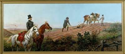 Allegoria, joka kuvaa Napoleonia kyntämässä mustan palvelijansa valvonnassa St. Helenassa, öljy kankaalle Olivier Pichat (1825 - 1912) tekijältä Unknown artist