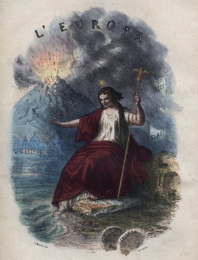 Allegoria Euroopasta - kaiverrus kirjasta "" Kaikkien maailmankaikkeuden kansojen tavat ja tavat. Eli kaikkien kansojen hallituksen, lakien, miliisin, uskonnon historia kaukaisimmista ajoista nykypäivään "1856 tekijältä Unknown artist