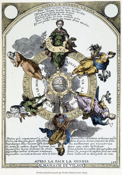Almanach de vilage "Sodan jälkeen, rauha, rauhan jälkeen, sota": kaappi, jota pidetään maaseudulla ja suunniteltu lempeän filosofian mielessä herättämään massoissa alistumisen henki ajan kurjuuden edessä - 1600-luku tekijältä Unknown artist