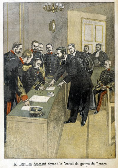 Alphonse Bertillon todistamassa Rennesin sotaneuvostolle (Dreyfusin tapaus) - "" Le Petite Journalissa" tekijältä Unknown artist