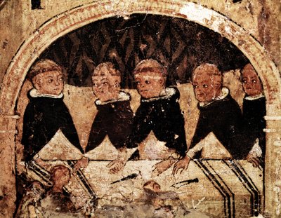 Dominikaanisen ritarikunnan perustajan Pyhän Dominican Guzmanin (1170-1221) elämän alttaritaulu: Dominikaanisten munkkien ryhmä. Maalausta puulle 1200-luvulta. Napoli, Museo Nazionale di Capodimonte tekijältä Unknown artist