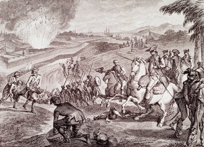 Amerikan vapaussota: Pensacolan piiritys ja Espanjan armeijan voitto (1800-luvun kaiverrus) tekijältä Unknown artist