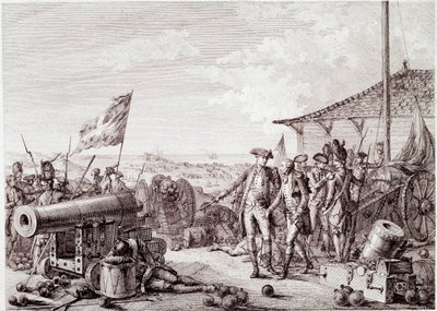 Amerikan vapaussota: Grenadan taistelu 6. heinäkuuta 1779 Britannian kuninkaallisen laivaston ja Ranskan laivaston välillä (kaiverrus tekijältä Unknown artist