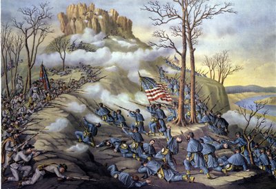 Amerikan irtautumissota tai sisällissota (1861 - 1865): 23.11.1863, Lookout Mountainin taistelu Tennesseessä, hyökkäys, joka tunnetaan nykyään taisteluna pilvien yli, koska sumu antoi liittovaltion joukkojen edetä nopeammin. Kaiverrus 1800-luvulta. tekijältä Unknown artist