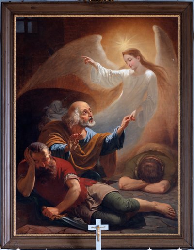 Enkeli vapauttaa pyhän Pietarin vankilasta, piirretty F. Devigne (?) tekijältä Unknown artist
