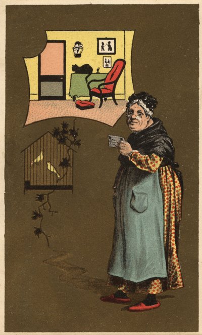 Vanha nainen, jolla on kuppi lähellä lintujen häkkiä. Anonyymi kromolitografia, 1800-luvun loppu. tekijältä Unknown artist