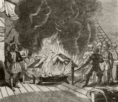 "Angora, intialainen merirosvo, paistamassa englantilaisen kapteenin elossa", n. 1836 tekijältä Unknown artist