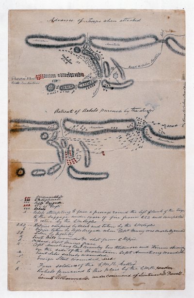 Selosteinen luonnoskartta Boomplaatsin taistelusta 29. elokuuta 1848 (paperi) tekijältä Unknown artist