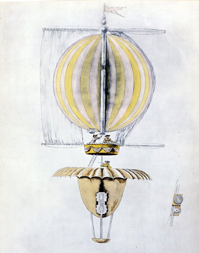 Anonyymi piirros purjelaivan ilmapallosta kartiolaskuvarjolla. tekijältä Unknown artist