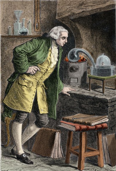 Antoine Laurent Lavoisier (1743-1894) ranskalainen kemisti, joka tutkii hapen olemassaoloa ilmassa: koe, jossa hän sai elohopeaoksidia - Lavoisier dans son laboratoire. Kaiverrus 1800-luvulta. tekijältä Unknown artist
