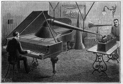 Laite pianokappaleen äänittämiseen fonografilla, Thomas Alva Edisonin (1847-1931) keksintö. Kaiverrus "" La Nature -kirjaan. Revue des sciences et de ses applications aux arts et a l
