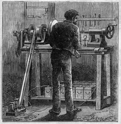 Faure-paristojen käyttö: akulla toimivan käsityöläisen vuoro. Kaiverrus "" Le Monde Illustré" -kirjassa tekijältä Unknown artist