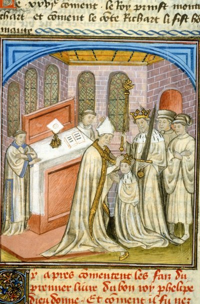 Arkkipiispa kruunasi Philippe Augusten vuonna 1179 - Keskiajan valaistus (viite 512, 226r) Pyydä lupa Toulousen kaupunginkirjastolta (puh: 05 62 27 66 66) tekijältä Unknown artist