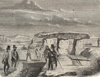 Arkeologiset kaivaukset: Gallialaisten hautojen löytö lähellä Dolmen de la Pierre aux Fees (Pierre-aux-Fees) Oisessa (60). Kaiverrus vuodelta 1856 "" Le Musee Des Sciences "" tekijältä Unknown artist