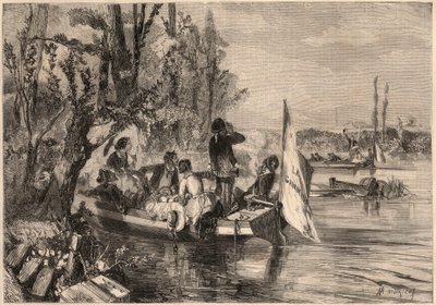 Pariisin ympärillä 1857. Asnieresissa melojia. Kaiverrus "Le Monde illustrious" -kirjoitukseen vuodelta 1857. Yksityinen kokoelma. tekijältä Unknown artist