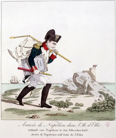 Napoleonin saapuminen Elban saarelle (Code Napoleonin käsivarren alla) - "" Napoleon 1st, karikatyyrit, nuken kokoelma", n. 1814 tekijältä Unknown artist