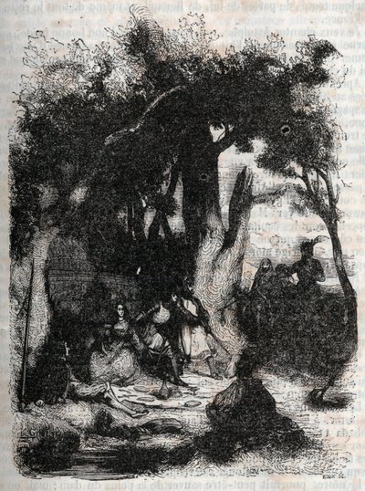 Rodomontin ja Mandricardin saapuminen Merlinin suihkulähteelle - Ludovico Arioston kaiverrus vuodelta 1851 "" Roland Furieux