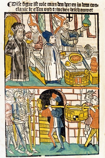 Ruoan saapuminen, jotta Konstanzin kirkolliskokouksen (1417), jonka aikana paavi Martinus V valittiin, jäsenet voivat syödä. “Das Concilium” tekijältä Unknown artist