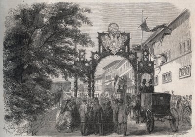 Itävallan Elisabethin (Sissi) (Itävallan Elisabeth) saapuminen Bad Kissingeniin (Kylpylä) vuonna 1865 - kaiverrus vuoden 1865 "Kuvallinen maailma" tekijältä Unknown artist