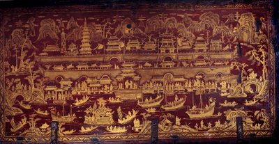 Portugalilaisten saapuminen Nanjingiin (Nanjing tai Namquin), Kiina. Laatikon kansi päällystetty punaisella ja kullalla maalilla. 17. vuosisata. Porto, kansallismuseo tekijältä Unknown artist