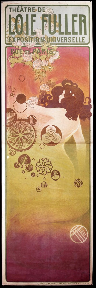 Art Nouveau: juliste "Theatre de Loie Fuller" -yleisnäyttelyyn. Loie Fuller (1862-1928) oli yhdysvaltalainen tanssija. Pariisi, koristetaide tekijältä Unknown artist