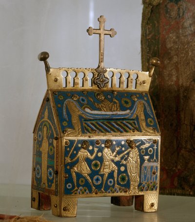 Taideteos: Pyhän Thomas Becketin (1118-1170), Canterburyn arkkipiispan pyhäinjäännös sähköpostissa - Se on arkkipiispan murhasta 29.12.1170 Cantorberyn katedraalissa ja hänen hautajaisistaan (emali, kultainen). ja co tekijältä Unknown artist