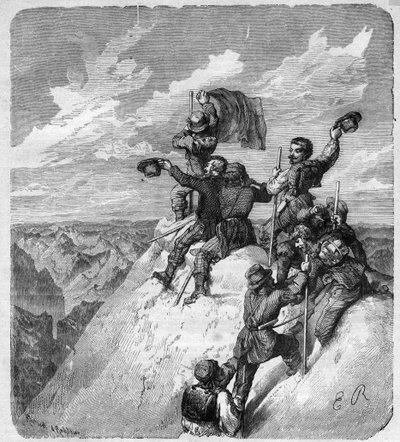 Ascension of the Illimani (6,439 m) (Nevado Illimani, Pariisin huippu) Charles Wiener (1851-1913), ranskalainen tutkimusmatkailija ja diplomaatti ja hänen toverinsa - kaiverrus "" journal des voyages""" 1887 tekijältä Unknown artist