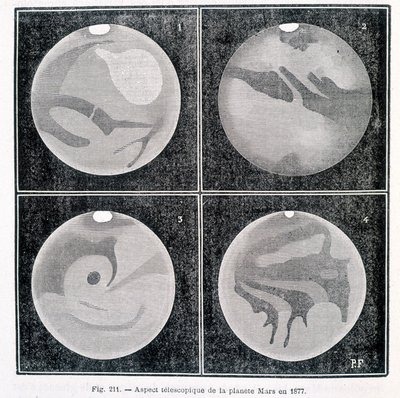 Mars-planeetan teleskooppinäkökohdat vuonna 1877 - Camille Flammarionin "" Popular Astronomy" -julkaisussa, toim. Marpon & Flammarion tekijältä Unknown artist