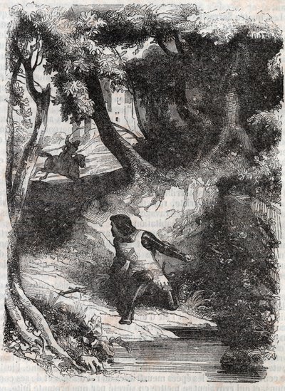 Astolph suihkulähteen reunalla - kaiverrus vuodelta 1851 Ludovico Ariostosta "" Furious Roland"" (Orlando furioso) (1500-luku), joka tunnetaan nimellä Ariosta - Painos, jonka Tressanin kreivi on kääntänyt italiasta ja julkaissut Gustave Harvard 1851 tekijältä Unknown artist