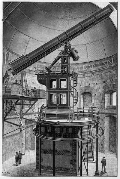 Instituutin jäsenen, Meudonin fyysisen tähtitieteen observatorion johtajan Janssenin tähtitieteelliset lasit. Kaiverrus "" La Nature: revue des sciences et de leurs applications aux arts et a l